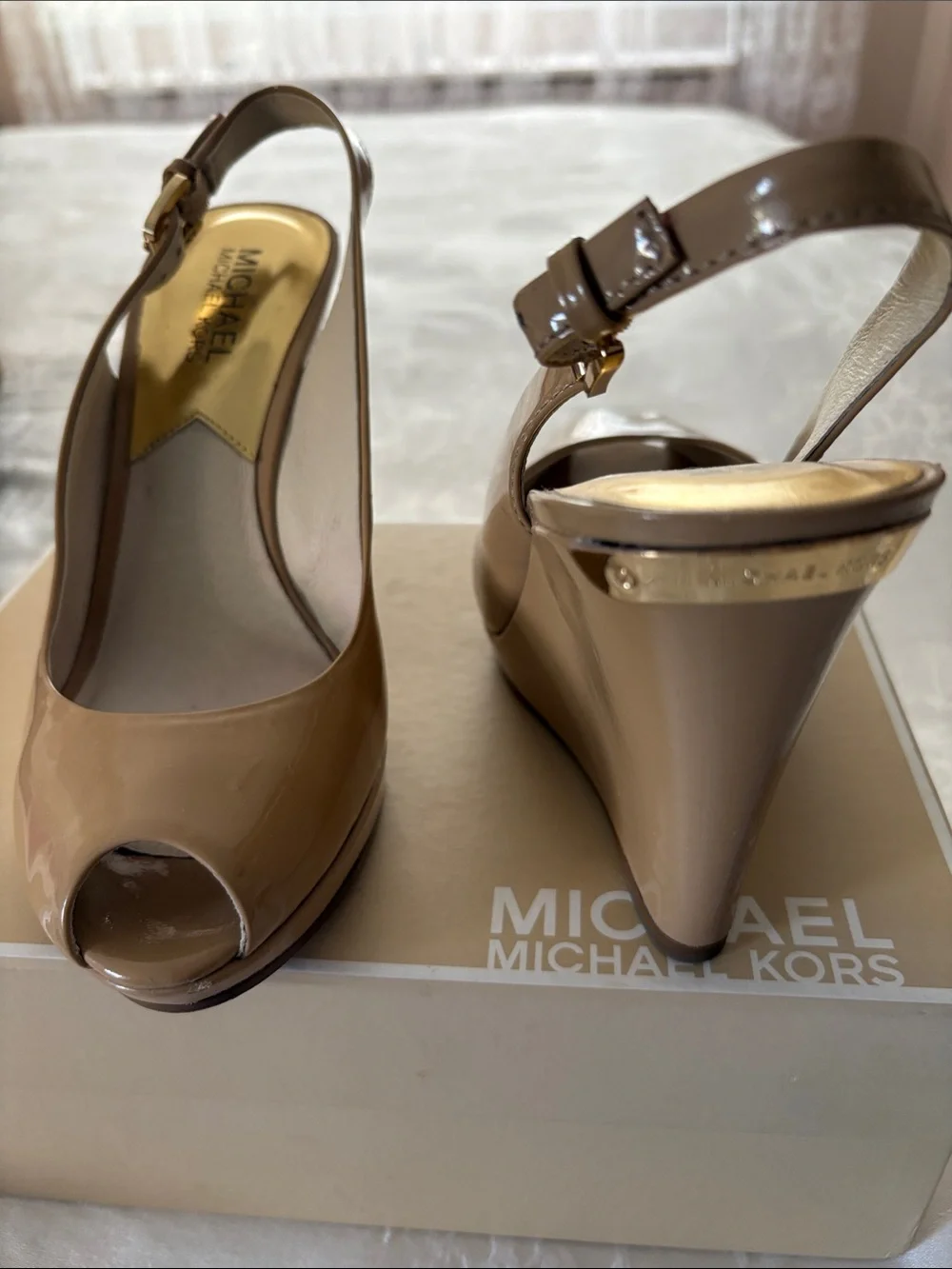 Michael Kors Beige Patent Peep-Toe Wedge Slingback Heels